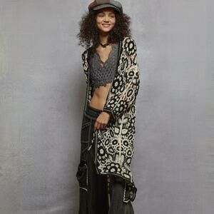 NEW POL Black & White Floral Crochet Duster - Long Cardigan - Boho - One Size